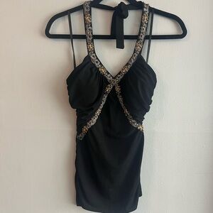 Cache Black Halter Top with Beaded and Embroidered Accents